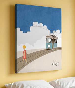 Urban scene with tram and pedestrian under a blue sky