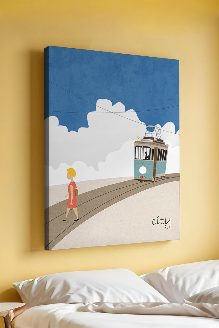 Urban scene with tram and pedestrian under a blue sky