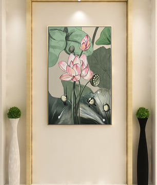 Illustrated lotus with playful cartoon bees in a serene garden