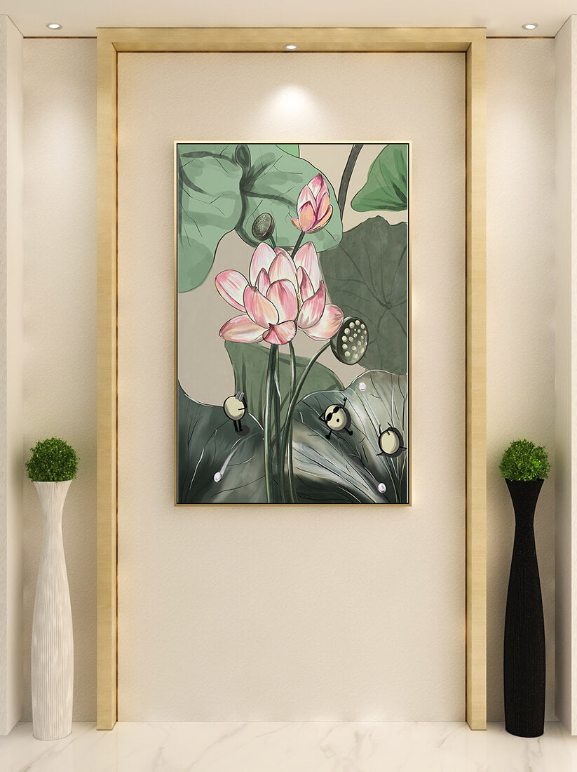 Illustrated lotus with playful cartoon bees in a serene garden