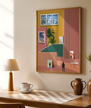 Surreale Architekturlandschaft mit tropischen Elementen und abstrakten Figuren