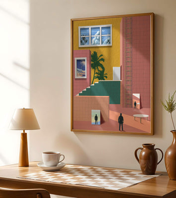 Surreal architectural landscape with tropical elements and abstract figures