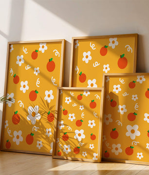 Playful floral and fruity pattern on a vibrant yellow background
