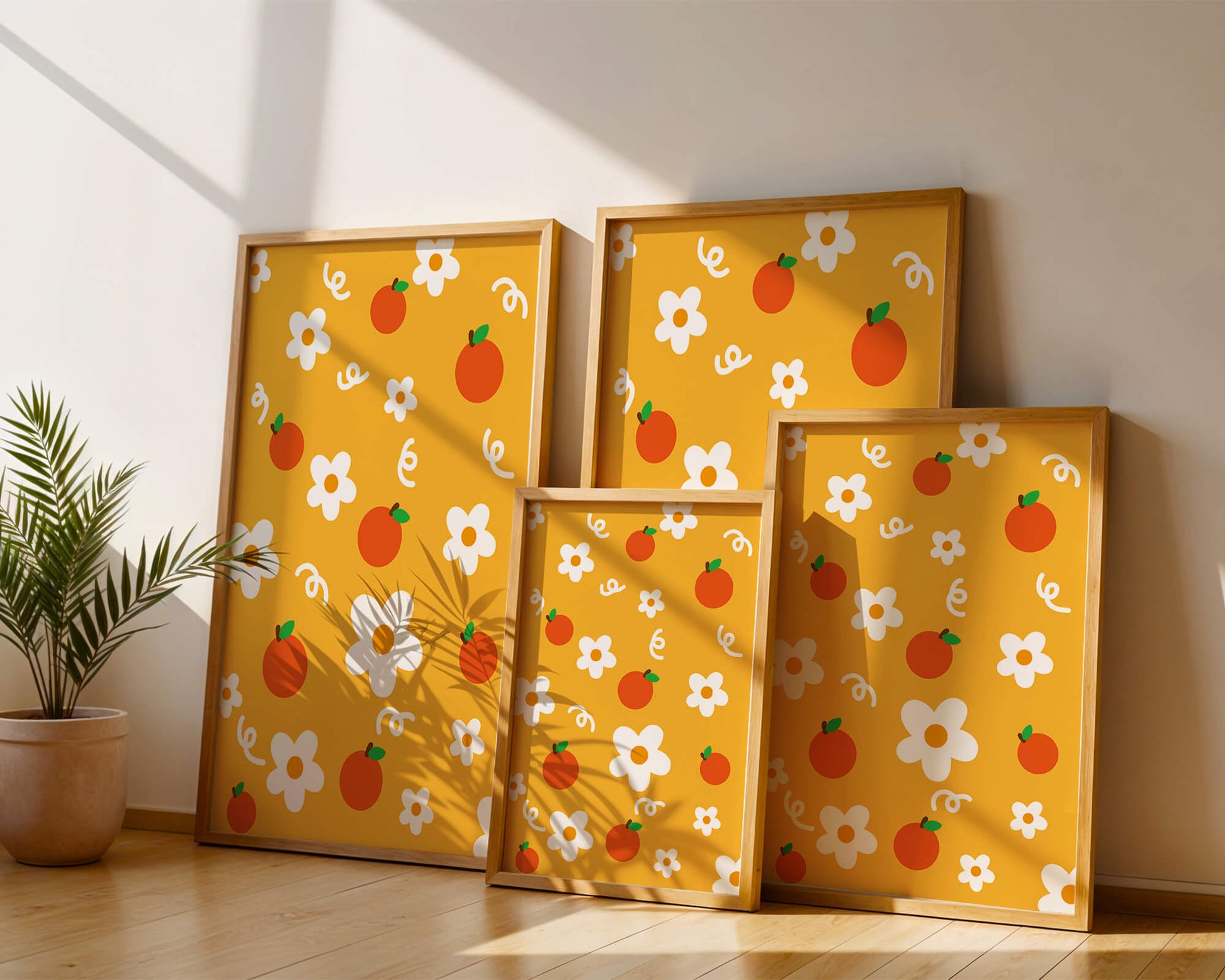 Playful floral and fruity pattern on a vibrant yellow background