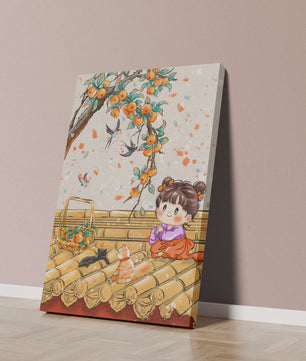 Charming illustration of a child with cats on a rooftop beneath a fruit tree