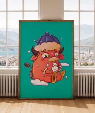 Winter cow cartoon with snowman on turquoise background