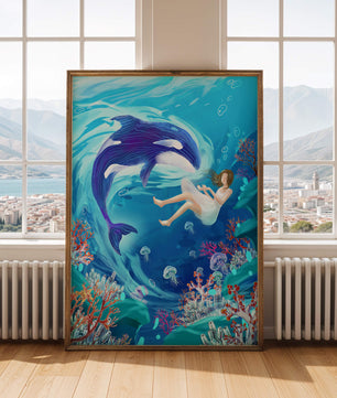 Escena submarina de fantasía con una ballena juguetona y una chica flotando entre corales y medusas
