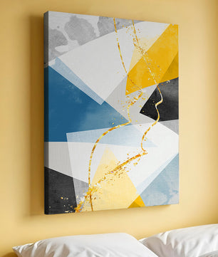 Abstract Geometric Art with Gold Accents in Blue, Yellow, and Gray - Mi tienda