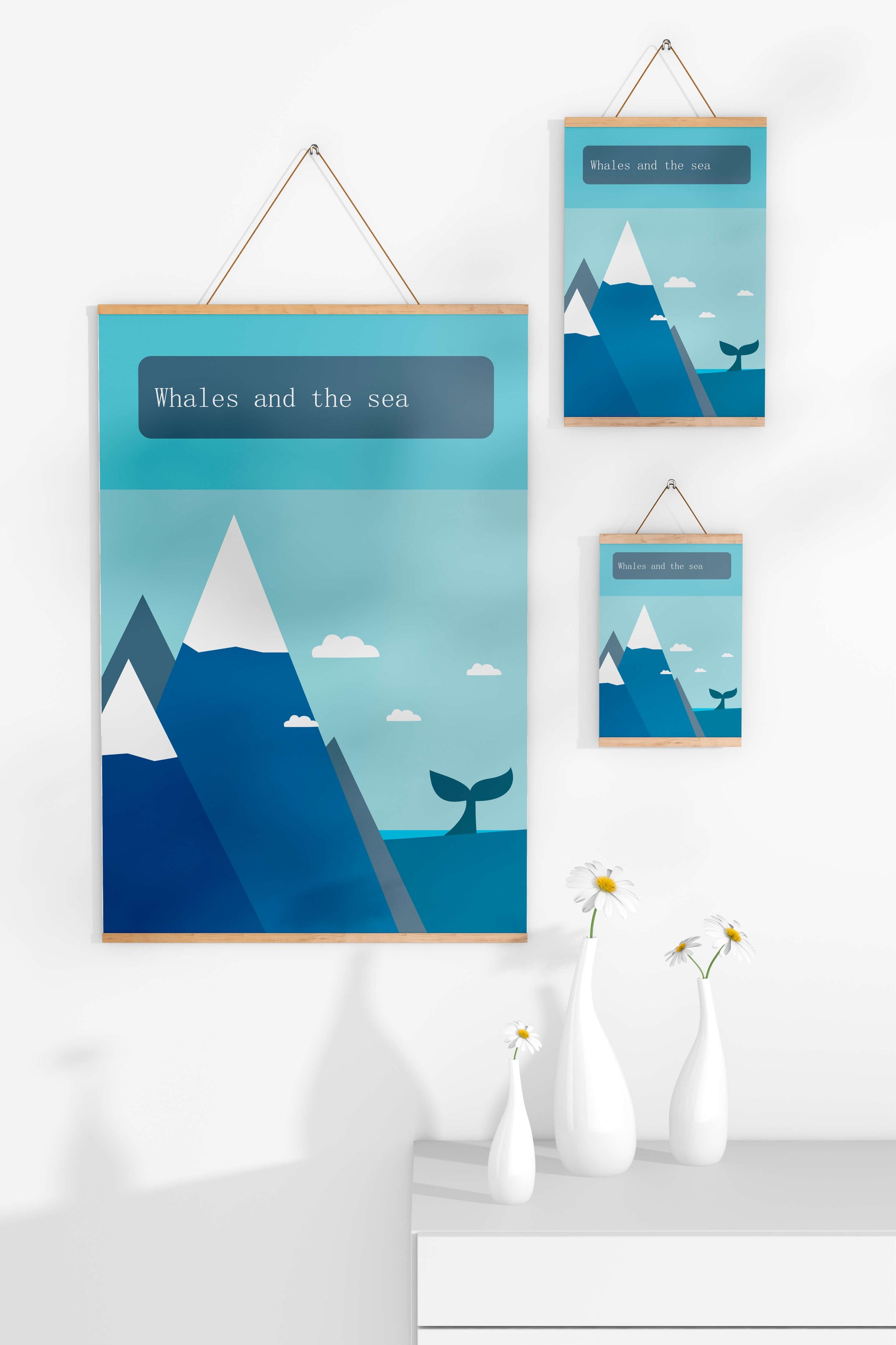 Whale and mountain illustration with sea and sky background
