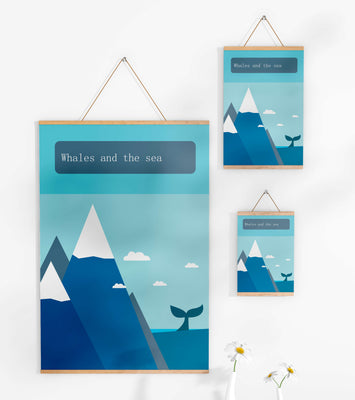 Whale and mountain illustration with sea and sky background