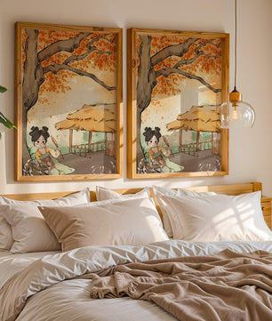 Escena de otoño con ilustración en estilo asiático tradicional