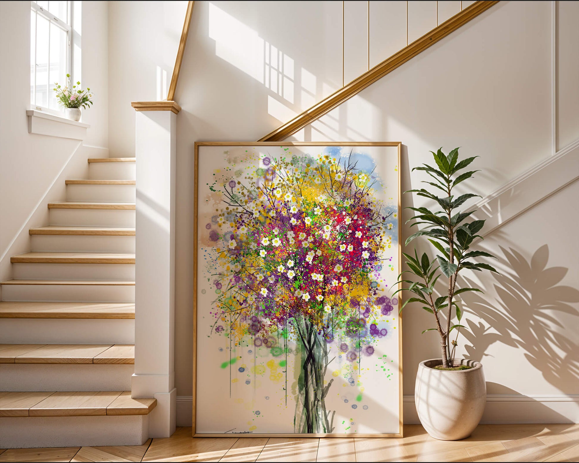 Abstract expressionist floral tree with vibrant colors