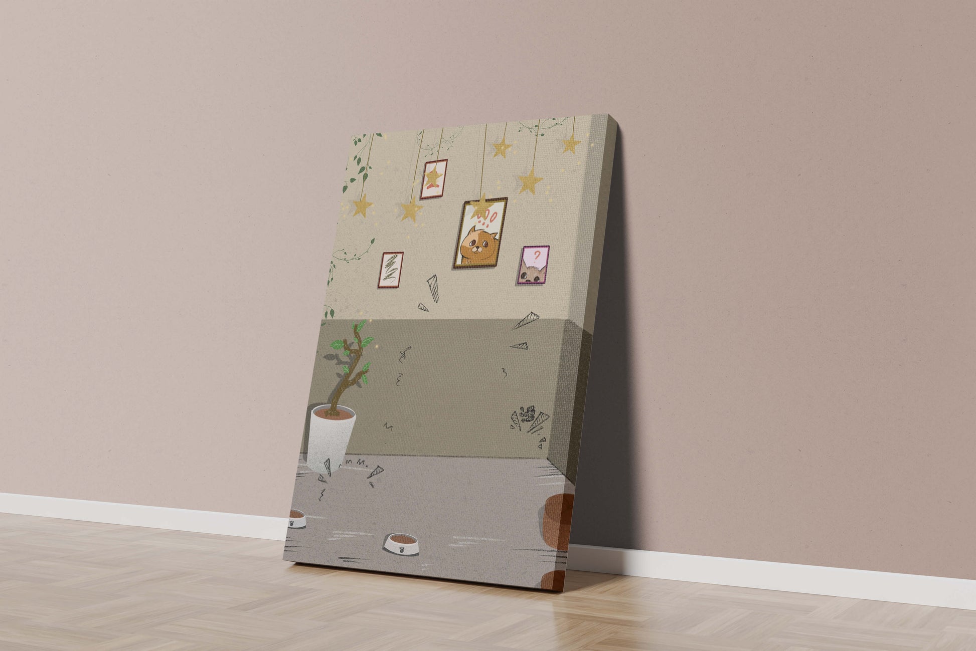 Cozy Room with Star Decorations and Cat Artwork