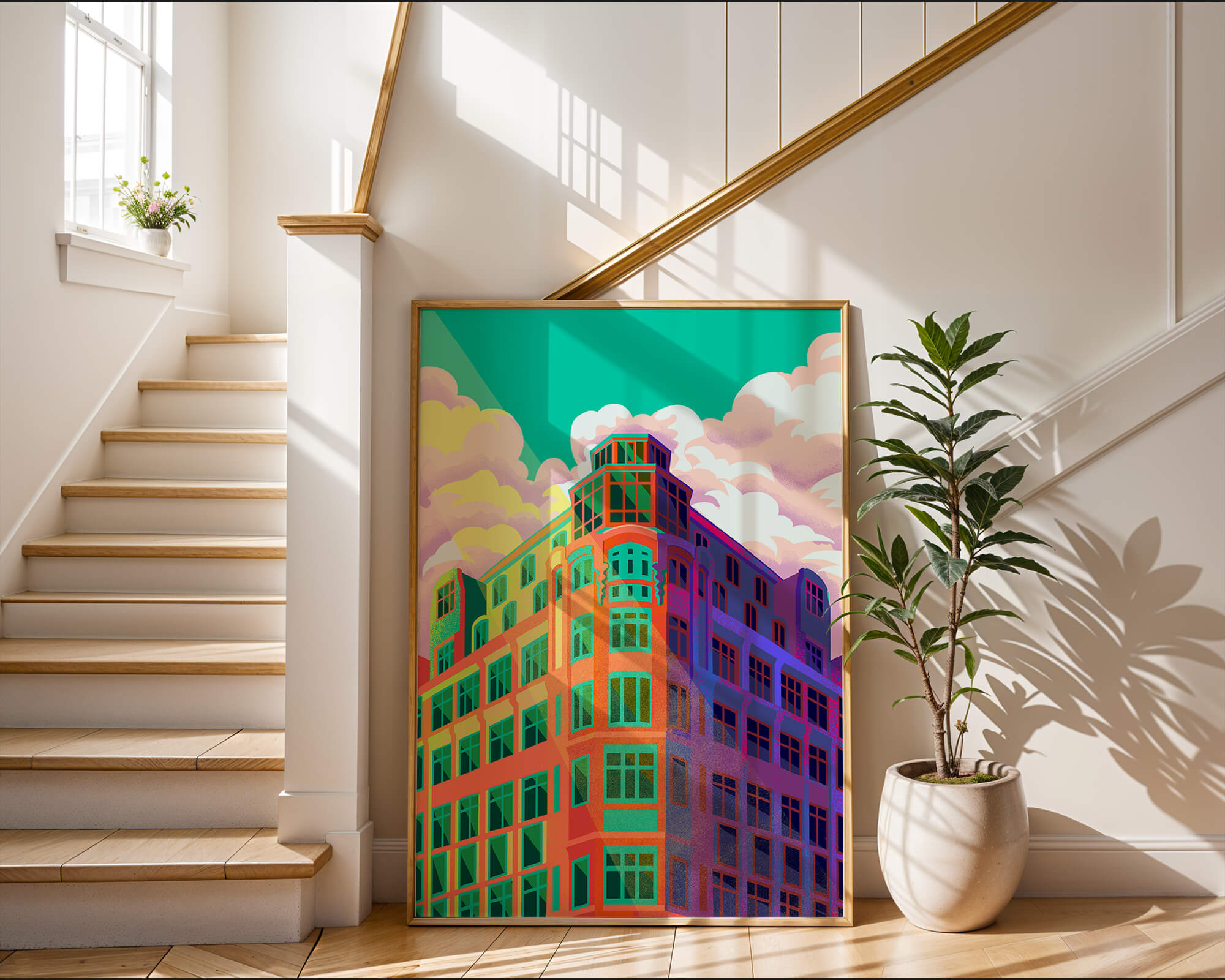 Colorful geometric building with vibrant sky