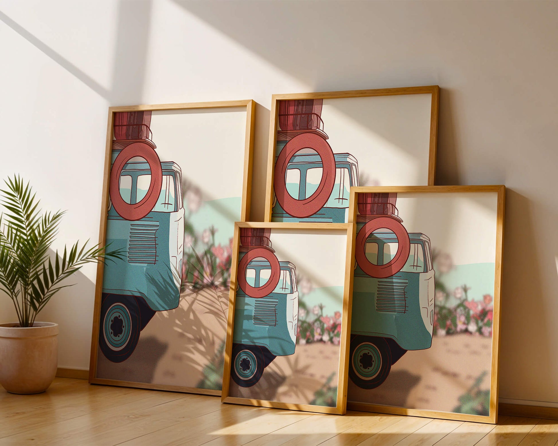 Viaje por carretera de verano en una furgoneta azul vintage