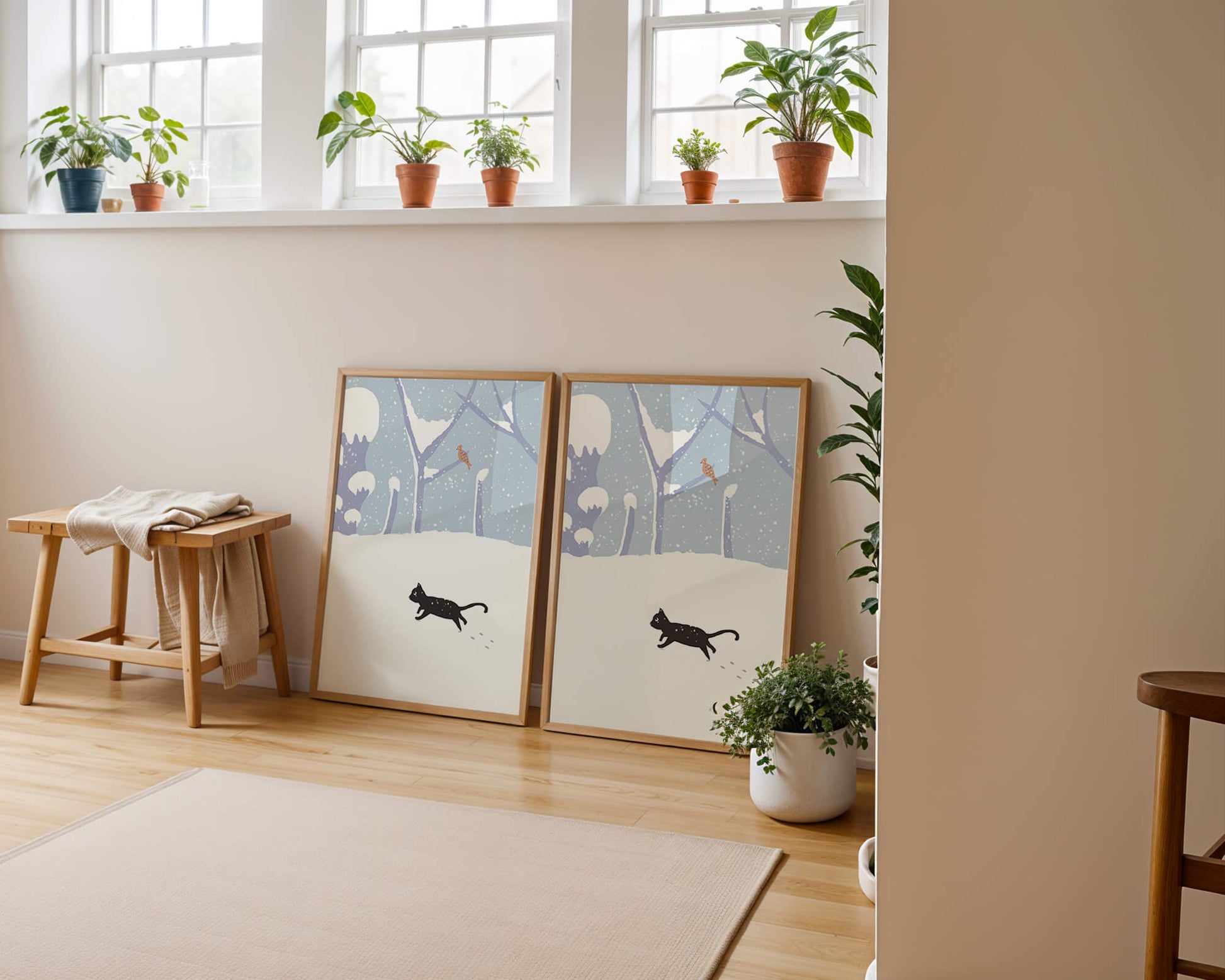 Illustrated snowy landscape with playful black cat and bird in winter scenery