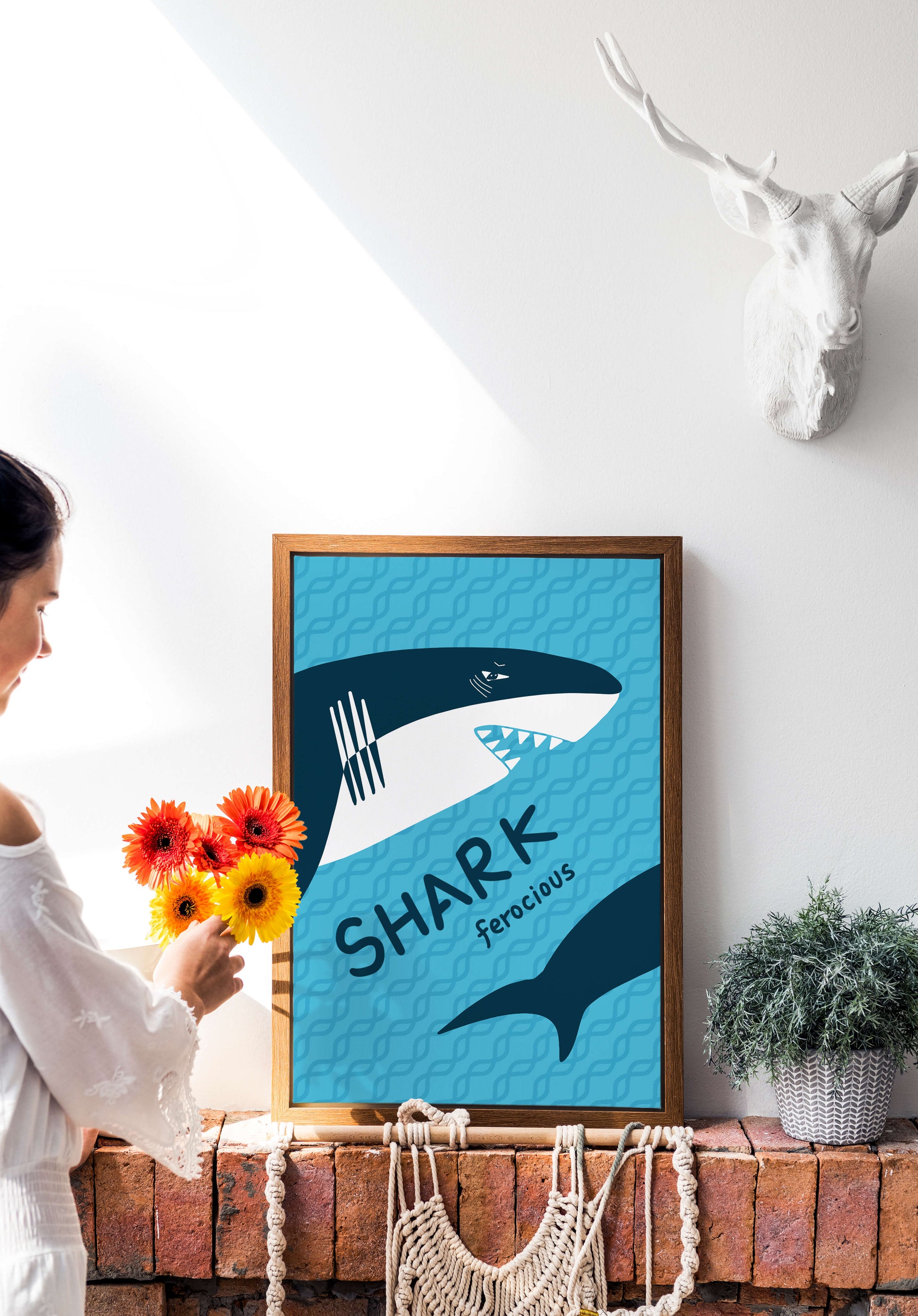 Illustrated shark graphic with blue background and typography