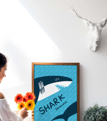 Illustrated shark graphic with blue background and typography