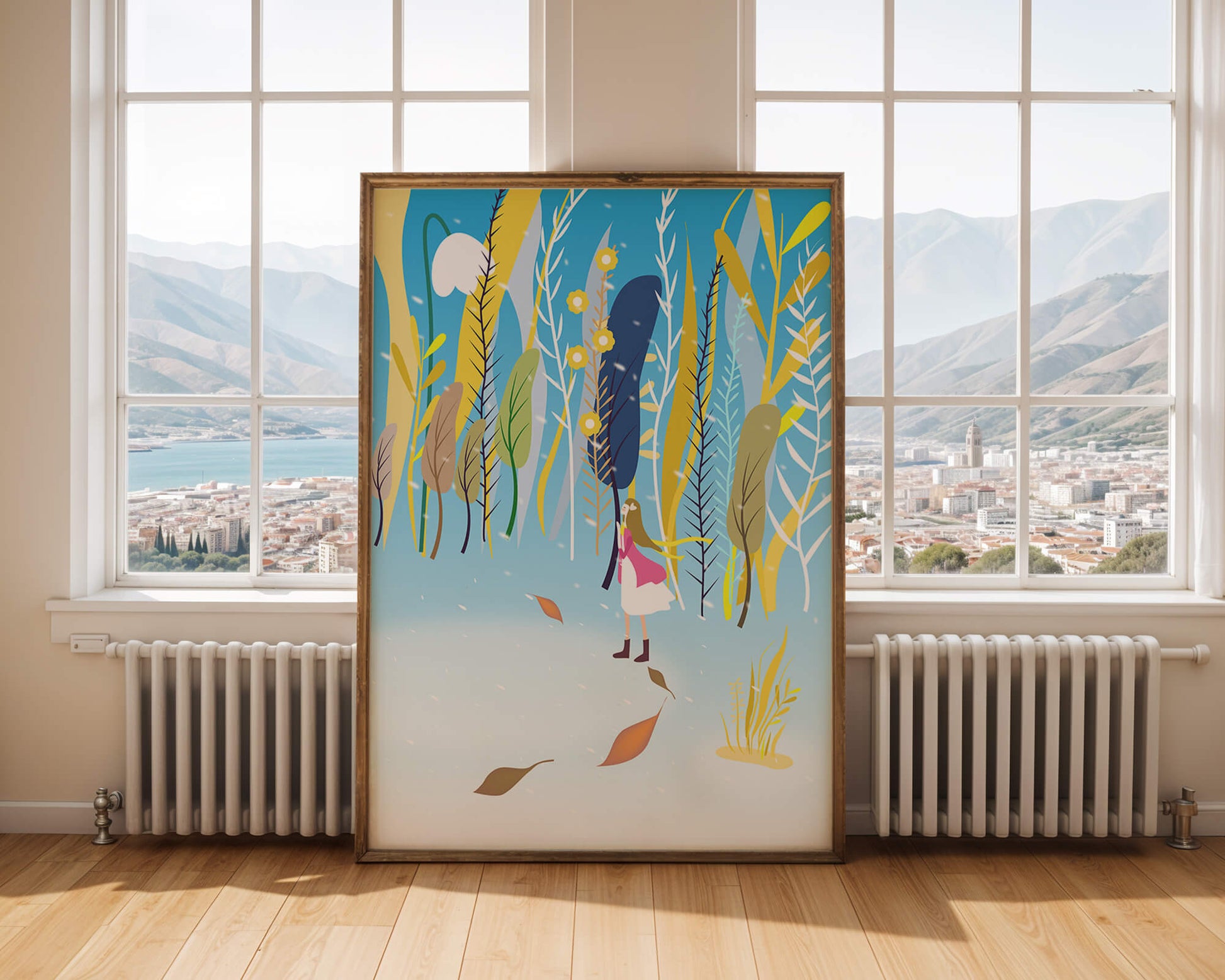 Whimsical scene with girl in colorful abstract forest