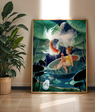 Illustration imaginative d'une fille avec un poisson et un lapin sous des nénuphars illuminés par la lune