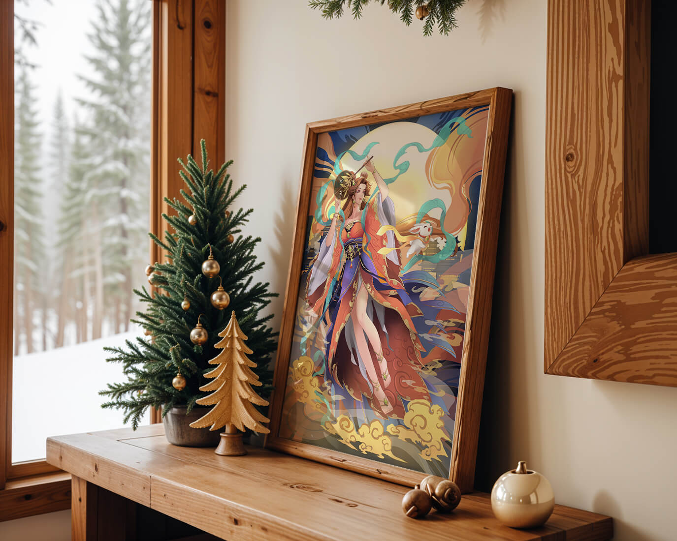 Elegant goddess with flowing robes against a mystical backdrop
