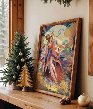 Elegant goddess with flowing robes against a mystical backdrop