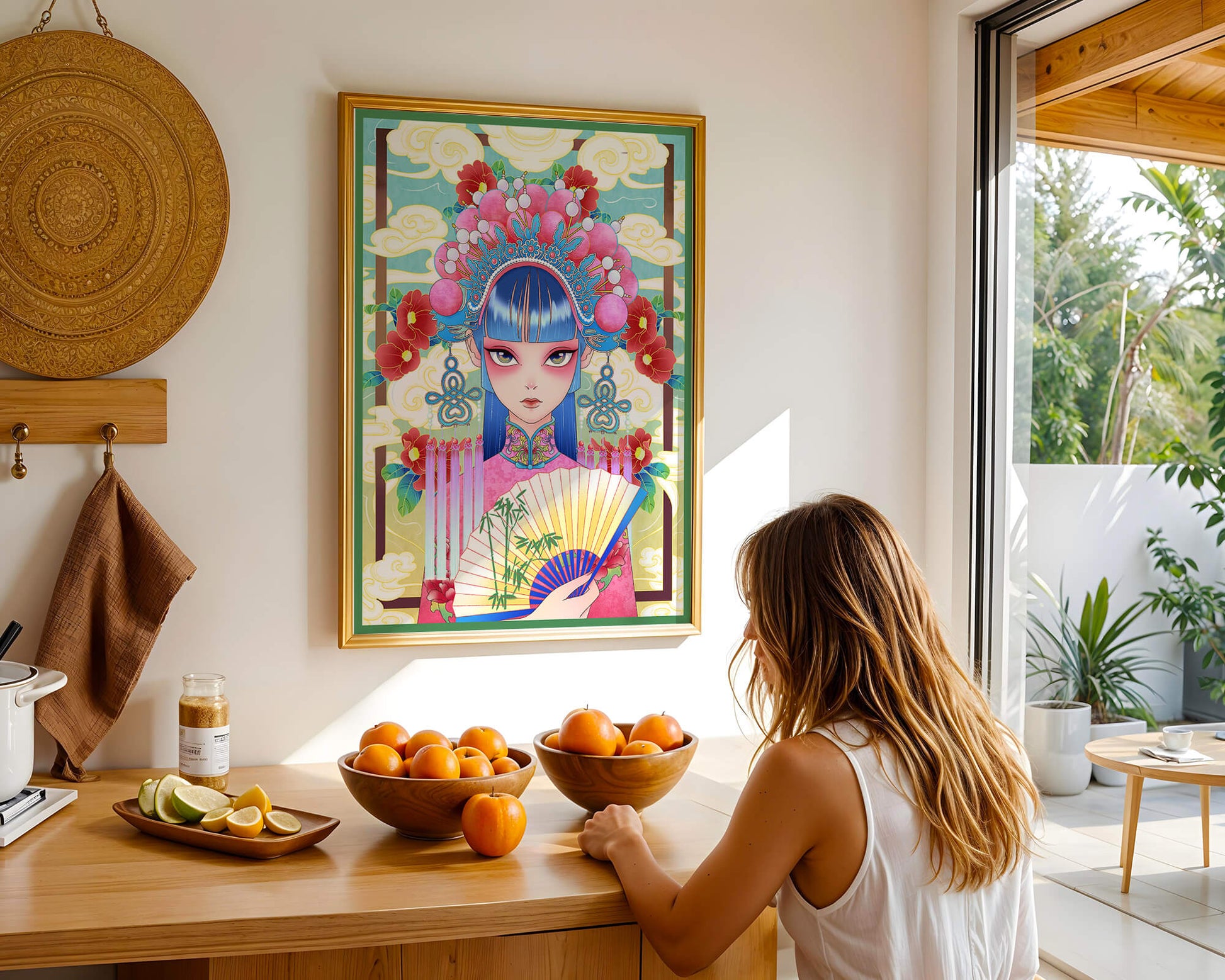 Ilustración elegante inspirada en el arte asiático con tocado elaborado y motivos florales
