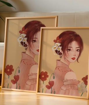 Portrait élégant d'une femme avec des ornements floraux et une expression douce