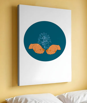 Illustration of Hands Holding a Plant with Teal Background