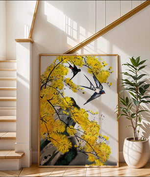 Representación artística de golondrinas entre flores amarillas vibrantes