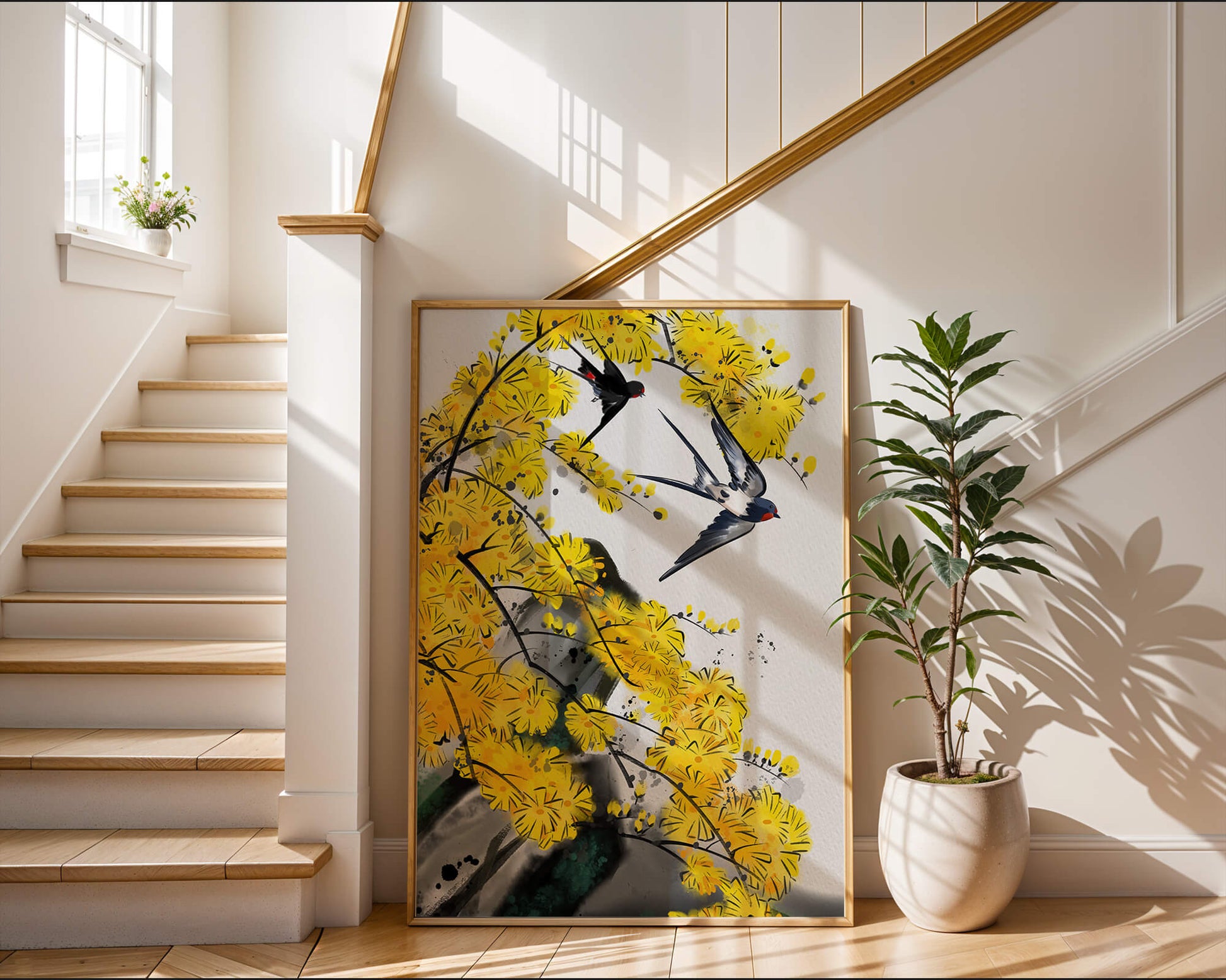 Artistic depiction of swallows amid vibrant yellow blossoms