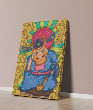 Ilustración colorida de un personaje animal caprichoso con alrededores ornamentados