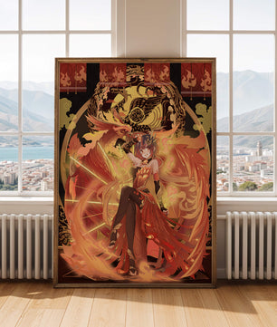 Art fantastique d'une fille avec un phénix majestueux aux couleurs flamboyantes