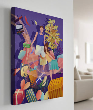 Illustration d'une expérience de shopping joyeuse en famille avec des cadeaux et des couleurs vives