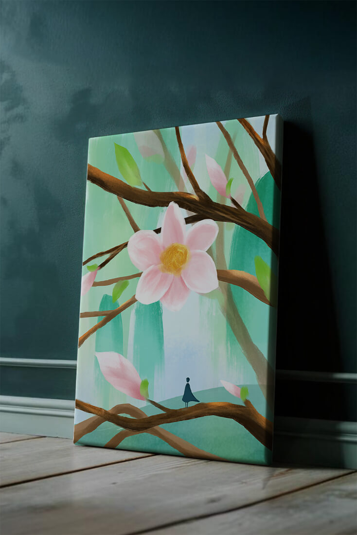Serene floral artwork with large pink flower on tree branches