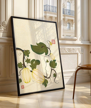 Illustration botanique élégante de melons et de vignes sur un fond texturé