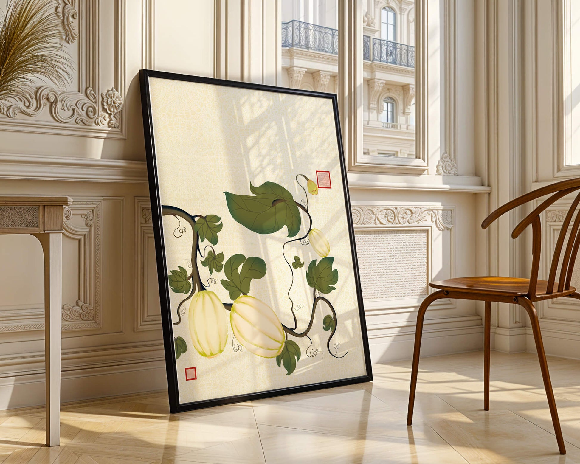 Illustration botanique élégante de melons et de vignes sur un fond texturé