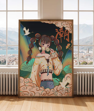 Anime girl with glasses surrounded by nature and cranes