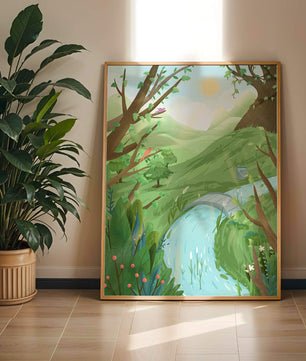 Serene Landscape with Birds and River under Sunny Sky