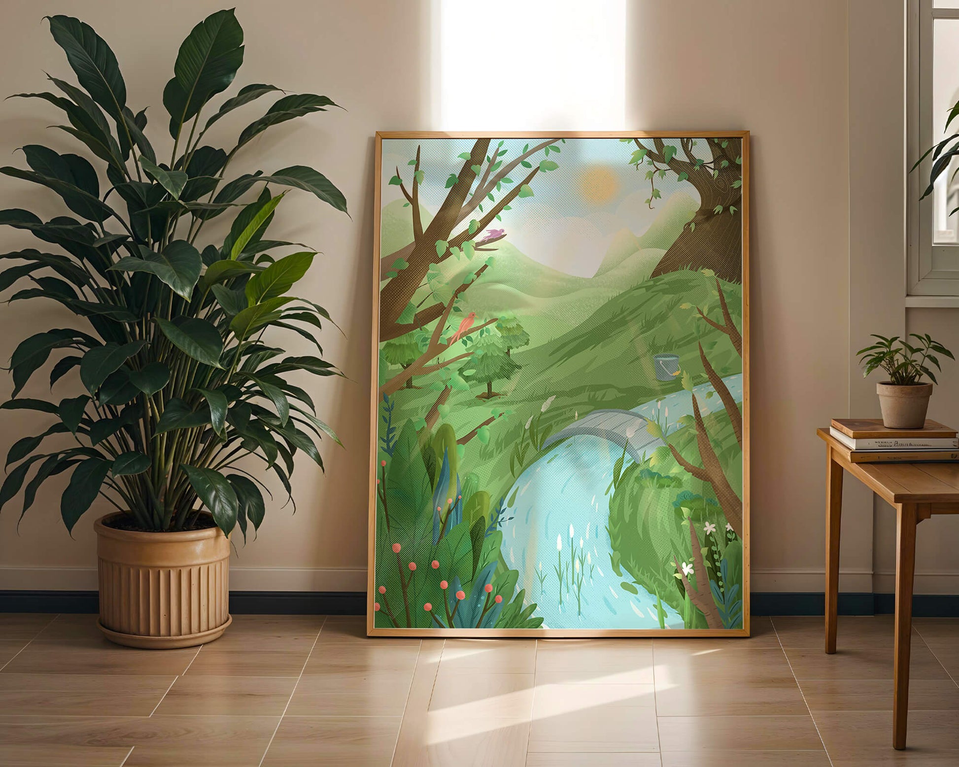 Paisaje sereno con aves y río bajo un cielo soleado