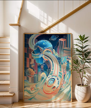 Futuristische Illustration mit VR-Thema und technologischen Elementen