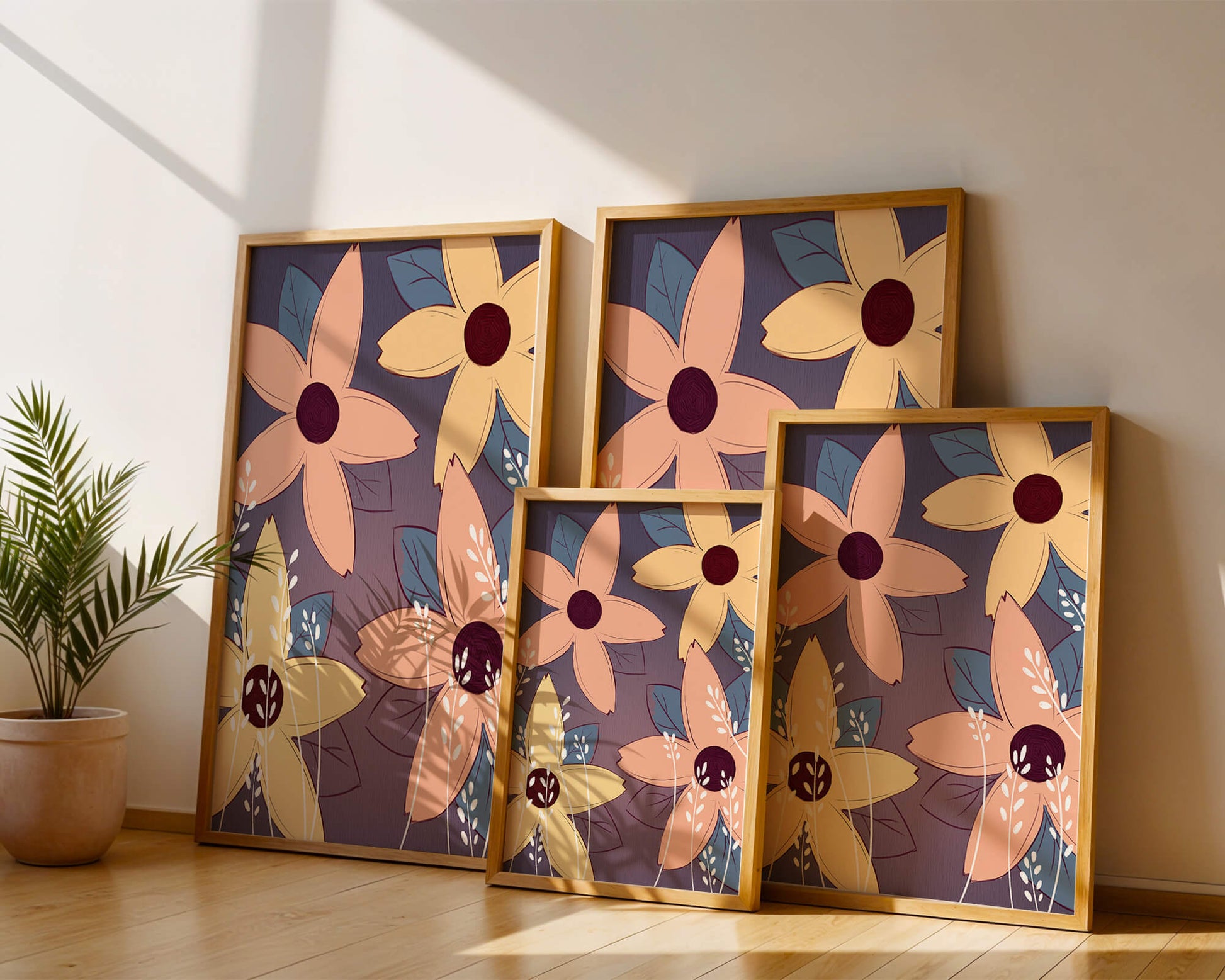 Colorful Floral Pattern with Abstract Leaves and Flowers