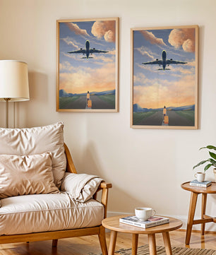 Serene airport departure with airplane and traveler at sunset