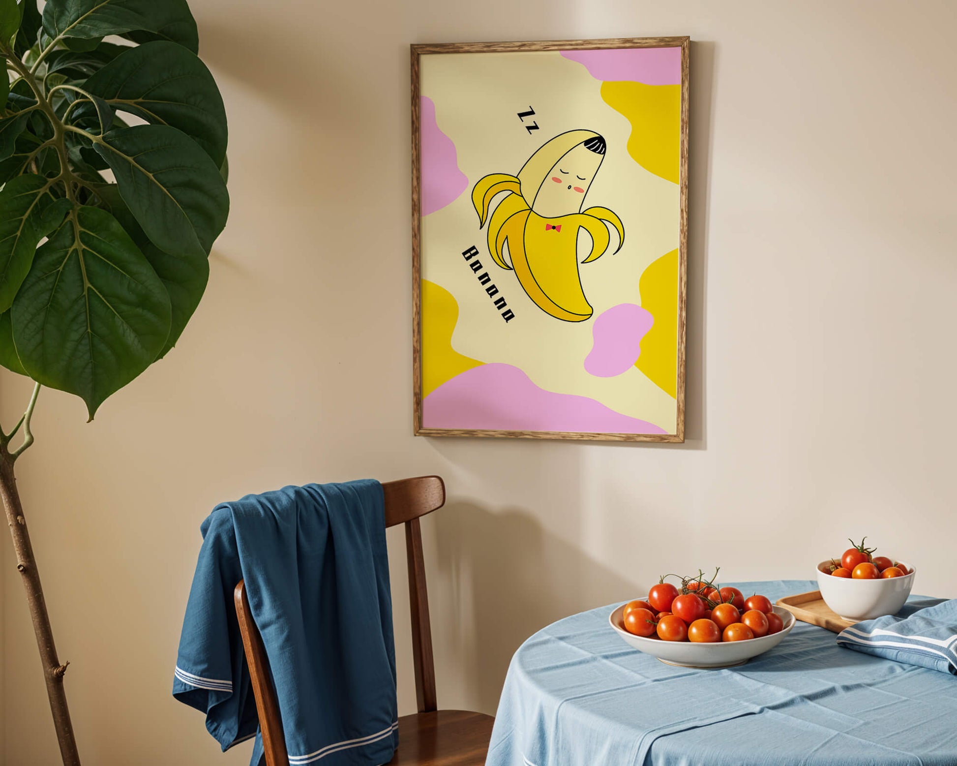 Playful illustration of a sleeping banana with colorful abstract background