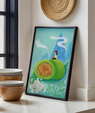 Serene Landscape with Child Sitting on Giant Leaf in Mountainous Fantasy Setting
