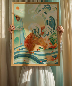 Dragon mythique au milieu de vagues stylisées et de montagnes aux couleurs vives
