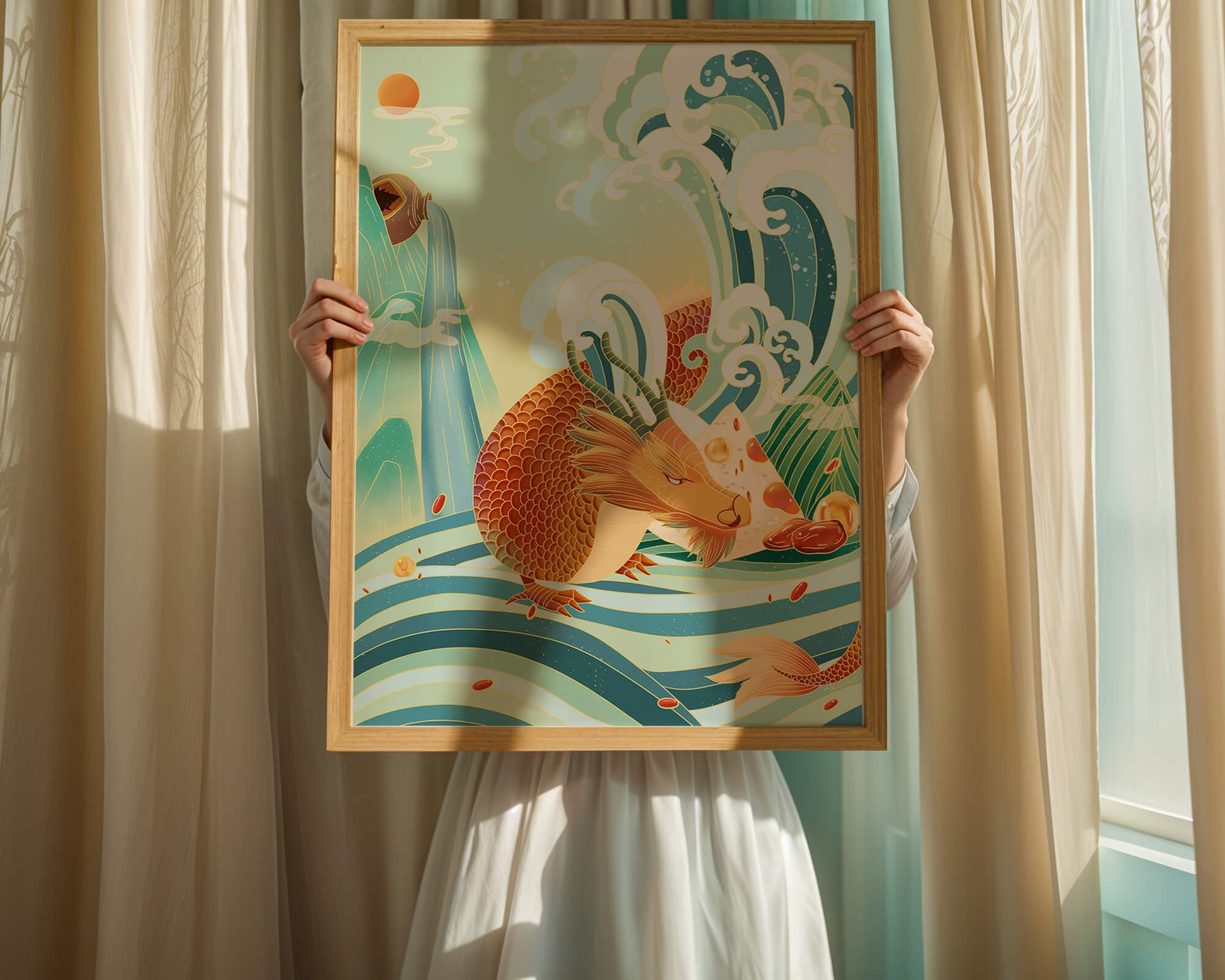 Mythical dragon amidst stylized waves and mountains in vibrant colors