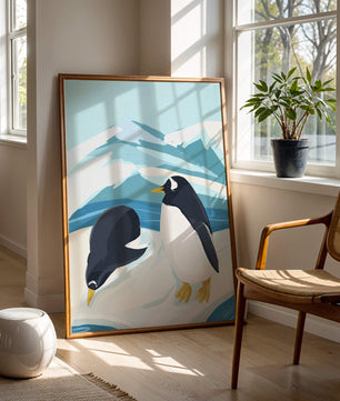 Gentoo penguins in an Antarctic landscape illustration