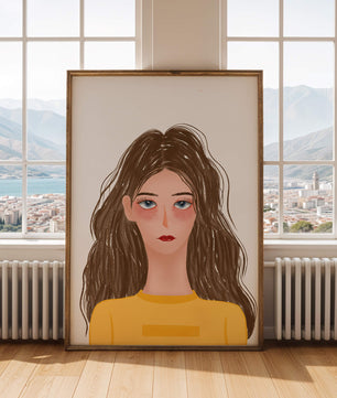 Illustrated portrait of a woman with long brown hair and expressive eyes