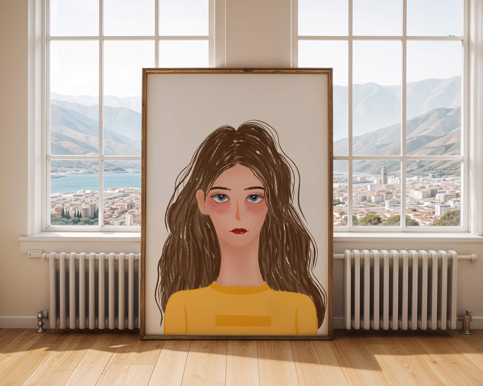 Illustrated portrait of a woman with long brown hair and expressive eyes